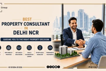 Real estate consultant reviewing property documents with a Delhi NCR skyline in the background