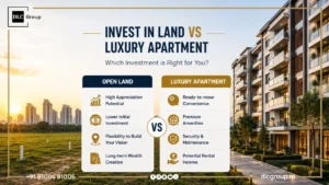 Split image comparing an open land plot and a luxury apartment building in Gurugram